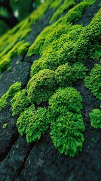 Close-up view of vibrant green moss growing on dark textured bark with a blurred forest background.