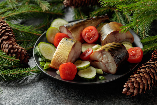 Smoked mackerel with fresh cucumbers, tomatoes and green onions.