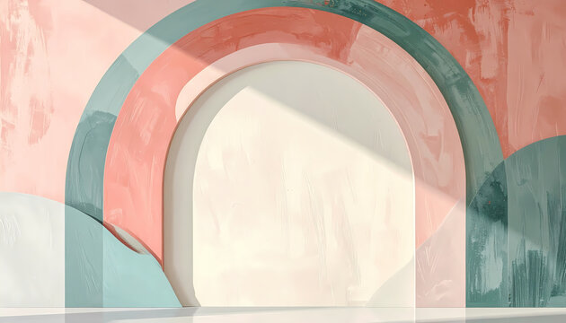 Artistic archway background featuring pastel painted curves and soft diagonal sunlight.