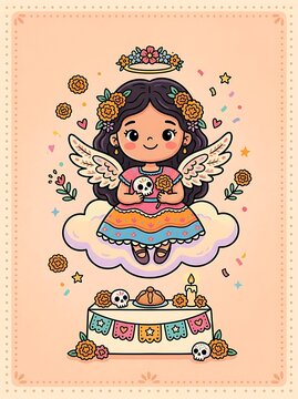 Adorable Little Angel Girl Celebrating Dia De Los Angelitos with Flowers and Traditional Offering Altar Decorations for Mexican Holiday Illustration