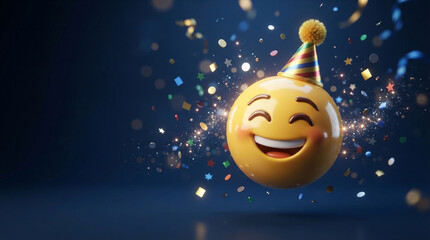 Fototapeta premium Cheerful 3D party emoji with birthday hat. Happy yellow emoticon celebrating with gold confetti. Festive smiley face on dark blue background.