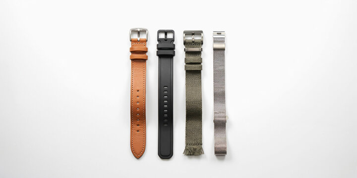 Four different watch straps including leather, rubber, fabric, and metal mesh bands