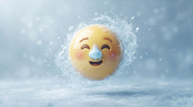 Frozen emoji character with ice splash, happy yellow smiley face in winter snow, cold weather emoticon concept for seasonal marketing