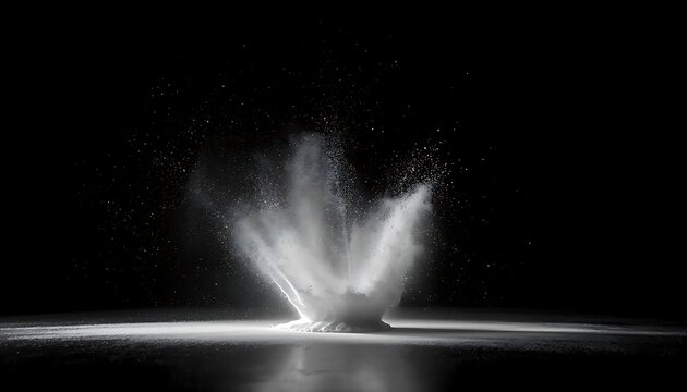 Powerful vertical explosion of white powder on black surface with explosion
