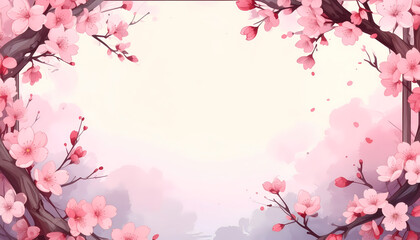 Fototapeta premium Delicate pink cherry blossoms frame a soft watercolor background for spring celebrations.
