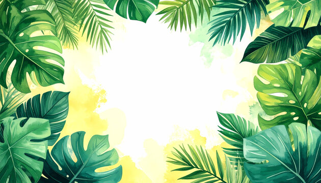Watercolor tropical frame with monstera and palm leaves surrounding a blank white center for summer designs.