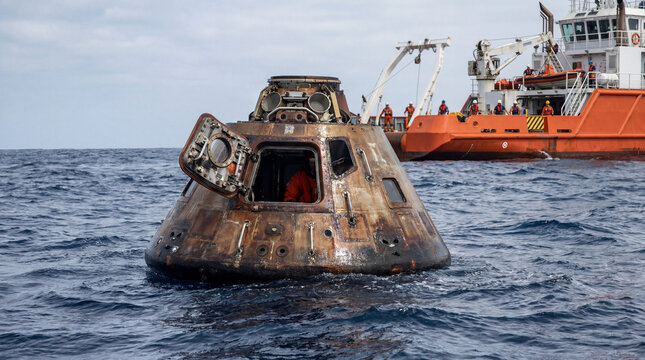Space capsule re-entry with open hatch floating in ocean near recovery ship