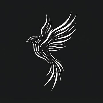 Majestic white phoenix silhouette rising with elegant sweeping wings isolated on a deep black textured background