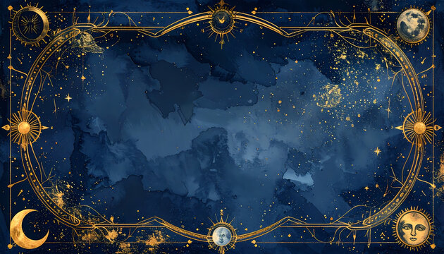 Golden celestial frame with moon and sun motifs on a navy blue watercolor background.