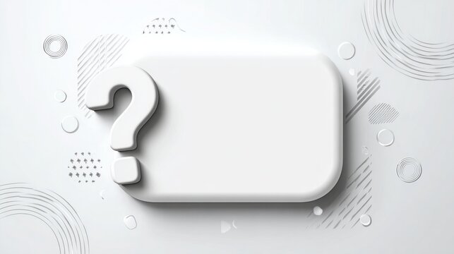 3D white minimalist question mark background template with copy space. Clean white 3D abstract graphic design template featuring a large question mark and empty rectangular frame for FAQ and business 