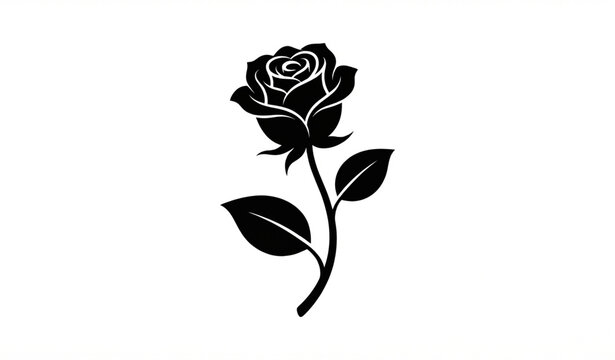 Single Rose Flower Stem and Leaves Black Silhouette Botanical Vector Illustration