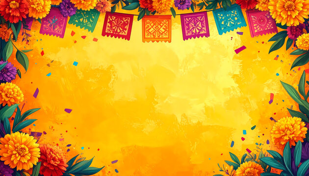 Vibrant Day of the Dead background with orange marigolds and colorful papel picado banners for Mexican holiday celebrations.