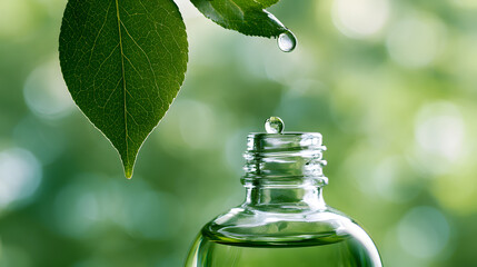 Fototapeta premium Water dripping from a leaf into a cosmetic bottle. A natural, organic, biologically inspired background for fresh and pure skincare products