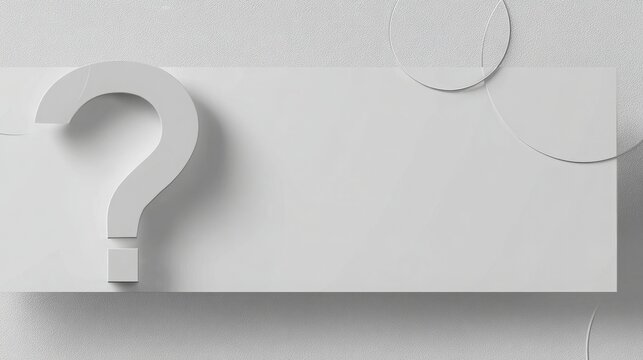 3D white minimalist question mark background template with copy space. Clean white 3D abstract graphic design template featuring a large question mark and empty rectangular frame for FAQ and business 
