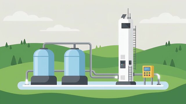 Industrial water treatment facility with storage tanks and control panel.