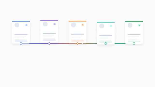 A clean and modern infographic timeline with five distinct steps or cards, each with a unique color scheme and placeholder content, illustrating a process or progression.