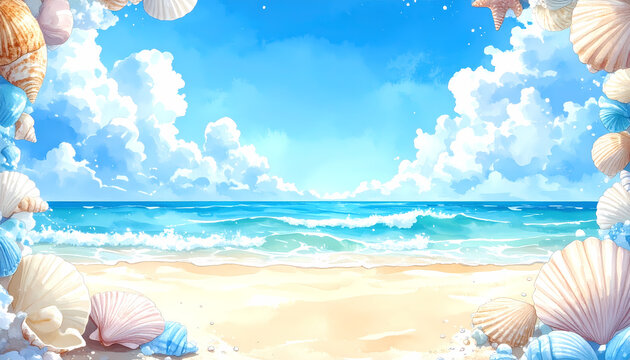 Watercolor illustration of a sunny beach featuring a decorative seashell border and clear blue sky.