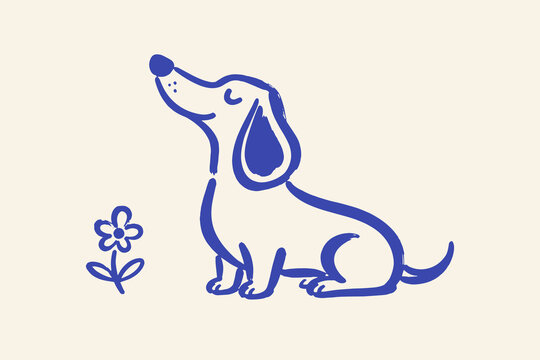 Sitting Dog dachshund with Flower Naive Style Vector Illustration