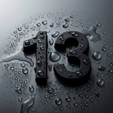 Black number thirteen sits elegantly on a dark textured surface covered in shimmering clear water droplets