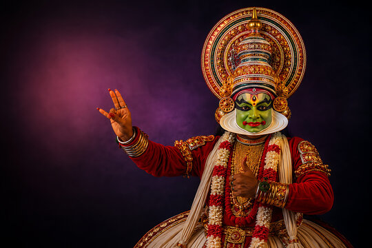 Expressive kathakali artist showing traditional hand gestures while wearing classical colorful dance attire honoring happy onam the south indian festival in kerala