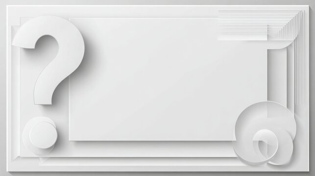 3D white minimalist question mark background template with copy space. Clean white 3D abstract graphic design template featuring a large question mark and empty rectangular frame for FAQ and business 