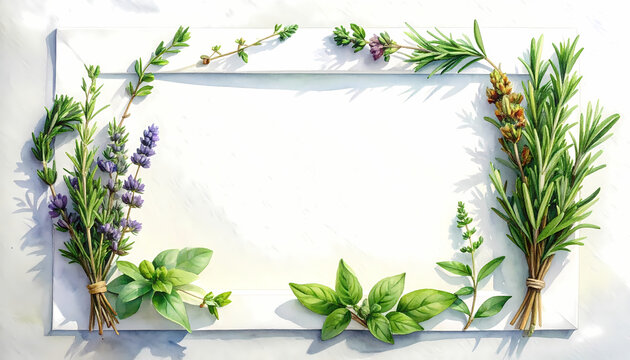 Watercolor frame of fresh garden herbs surrounding a blank white space for text.