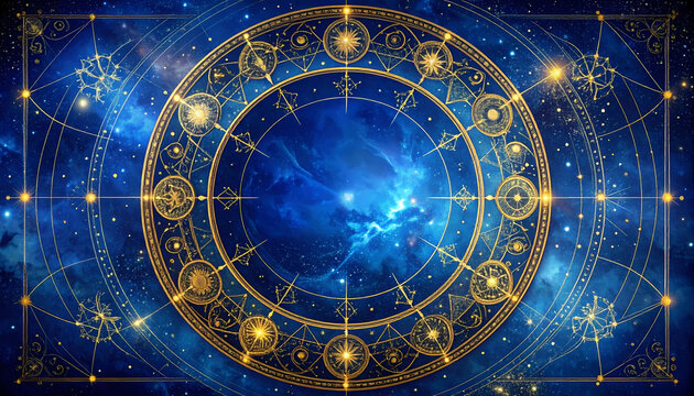 Golden zodiac wheel against a blue cosmic nebula background with shining stars.