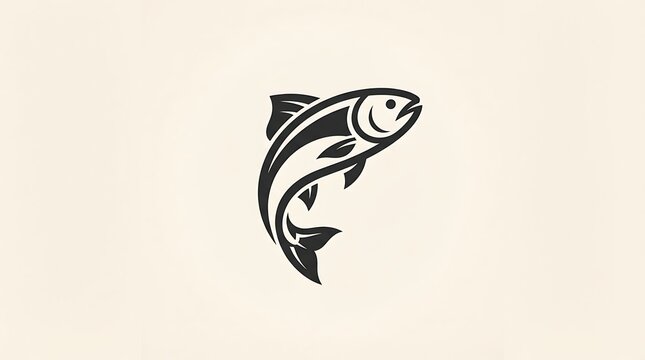 Minimalist black salmon fish silhouette design showcasing elegant curves and fluid movement on light beige background