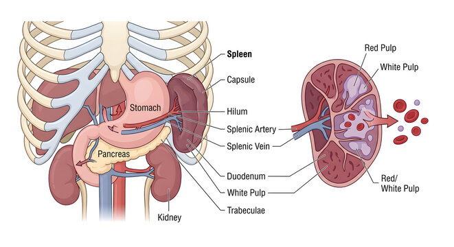 Anatomy of the Human Spleen with Cross Section and Surrounding Abdominal Organs
