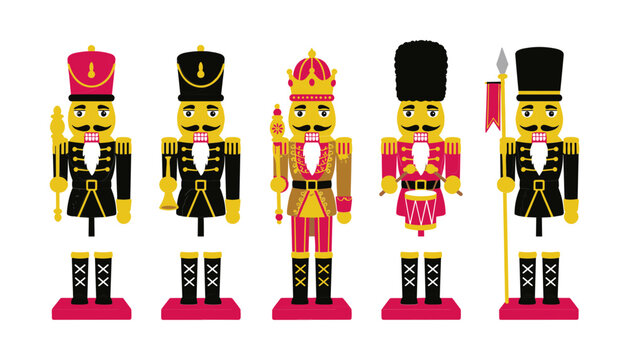 Traditional Wooden Christmas Nutcracker Soldier Figure Toy Collection Set with Festive Uniforms and Holiday Decorations Vector Illustration Style