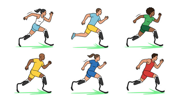 Disabled Paralympic Running Athletes Vector Character Set with Prosthetic Leg Blades Sprinters for Inclusion Sports and Adaptive Fitness Graphic Designs