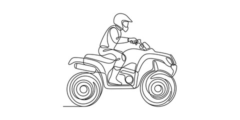 Continuous line drawing of man riding quad bike on transparent background. © Unique Vectors