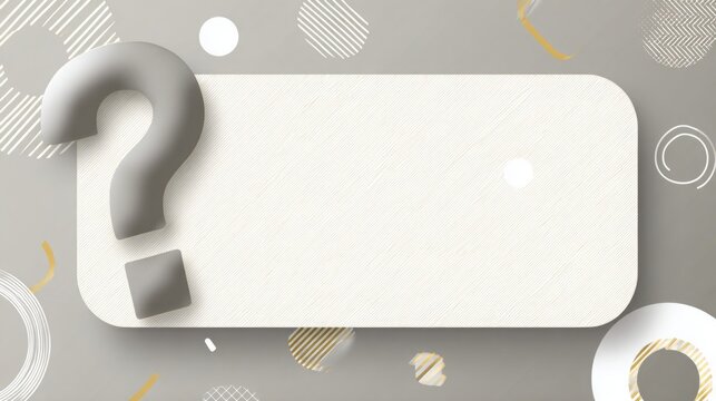 3D white minimalist question mark background template with copy space. Clean white 3D abstract graphic design template featuring a large question mark and empty rectangular frame for FAQ and business 