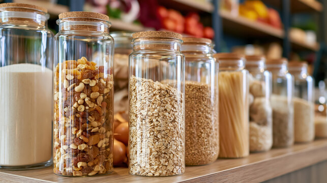 Zero waste grocery shop refill container glass jar wooden shelf organic product bulk food minimalist interior natural light clean design
