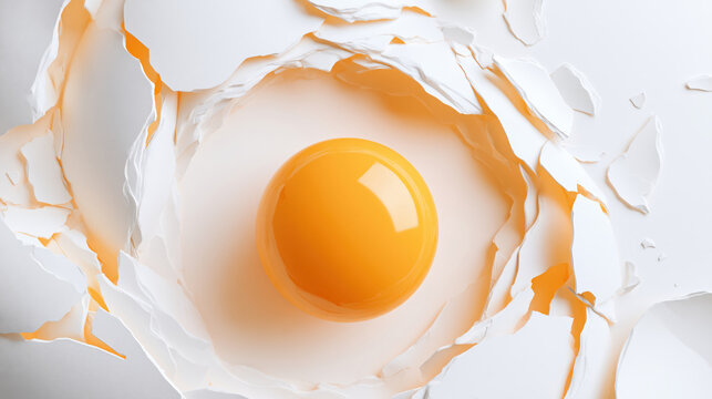 Cracked eggshell spiral with yolk in center on white background
