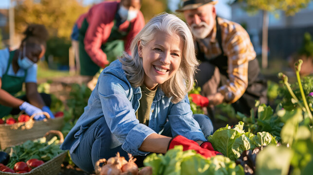 Smiling senior woman harvesting vegetable in community garden with volunteers and basket under golden afternoon light