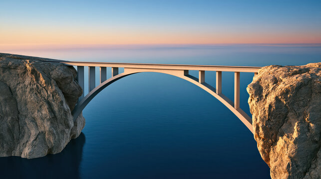 Narrow concrete bridge over calm water and stone cliff at sunrise with soft fog and dramatic negative space