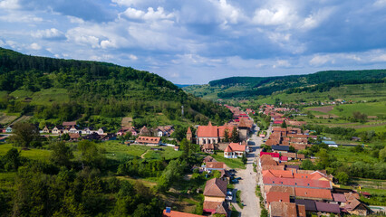 Fototapeta premium aerial view of medieval church of Valchid, Sibiu, Transylvania, Romania