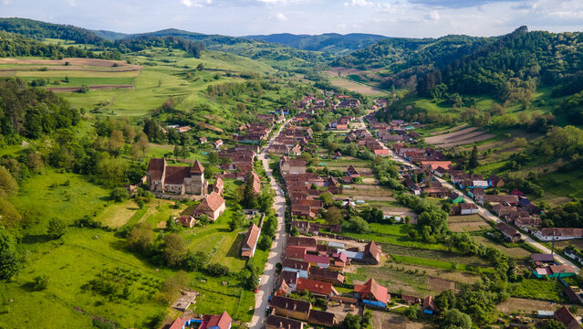 aerial view of medieval church of Copsa Mare, Sibiu, Transylvania, Romania