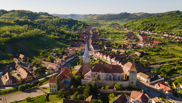 Aerial view of Mosna fortified church in Sibiu, Romania