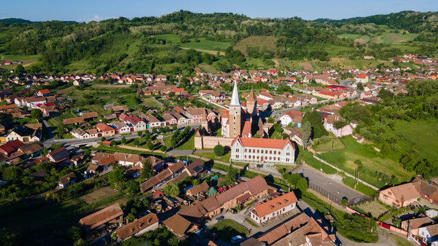 Aerial view of Mosna fortified church in Sibiu, Romania