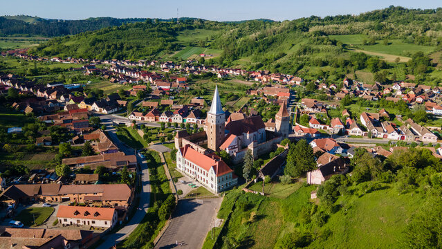 Aerial view of Mosna fortified church in Sibiu, Romania
