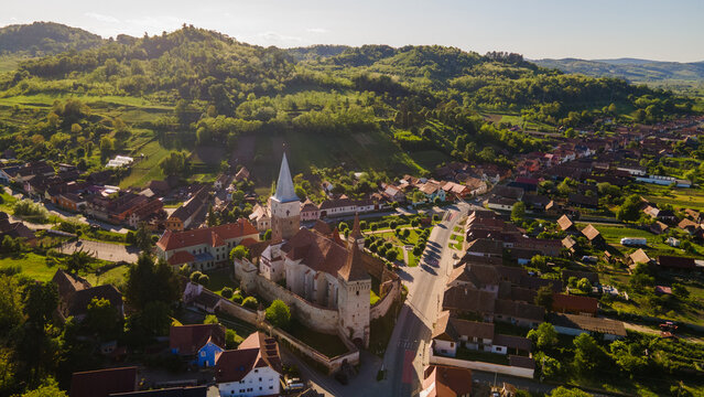 Aerial view of Mosna fortified church in Sibiu, Romania