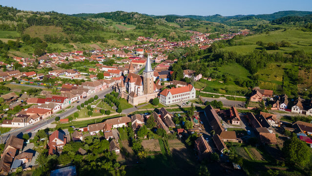 Aerial view of Mosna fortified church in Sibiu, Romania
