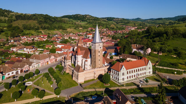 Aerial view of Mosna fortified church in Sibiu, Romania