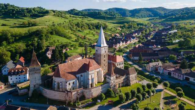 Aerial view of Mosna fortified church in Sibiu, Romania
