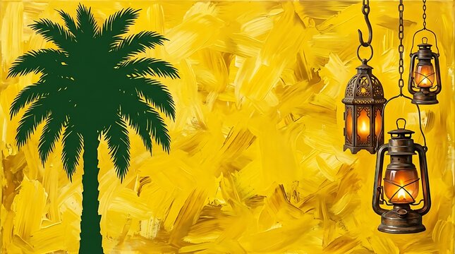 Traditional lanterns and palm tree silhouette on warm golden textured background