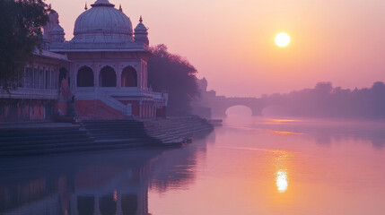 Fototapeta premium Ornate white dome pavilion and stone ghats at sunrise with pink mist over a calm river
