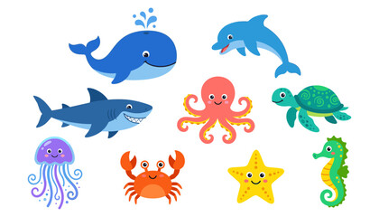Fototapeta premium Cute Sea Creatures and Ocean Animals Vector Illustration Set Featuring Cartoon Whale, Dolphin, Shark, Octopus, Turtle, Jellyfish, Crab, Starfish, and Seahorse