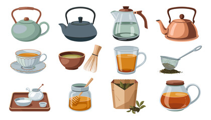 Obraz premium Traditional Tea Ceremony Icon Set with Teapots Matcha Whisk Cups Honey Strainer and Leaves for Cafe Branding